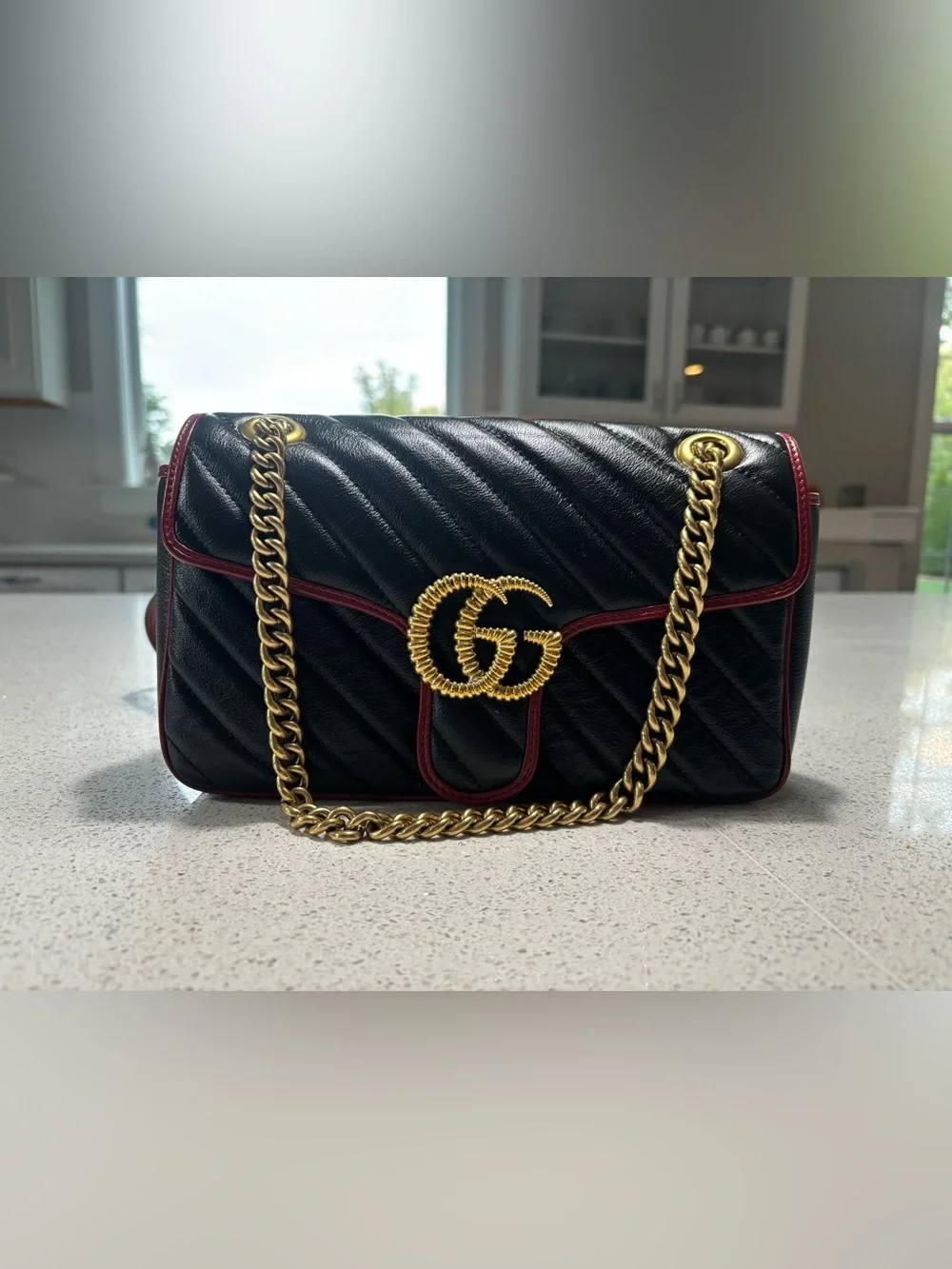 Gucci Marmont Quilted Leather Shoulder Bag size Small - Black with Red Trim